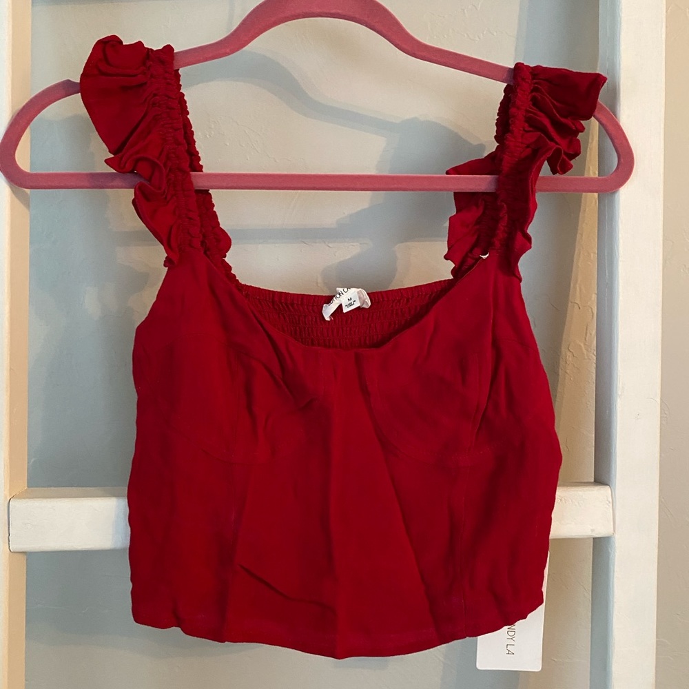 Crimson crop top with ruffled sleeves